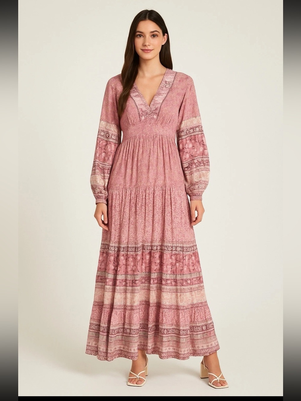 Billabong Cosmos Boho Maxi Dress Floral Pink Tiered Ruffled Cottagecore Sz(M)